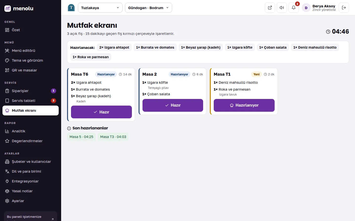 Mutfak ekranı: sipariş kartları ve süre sayaçları